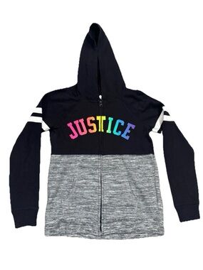 Justice Full Zip Hoodie Black Top Rainbow Lettering Gray Bottom Girls Size 8-10